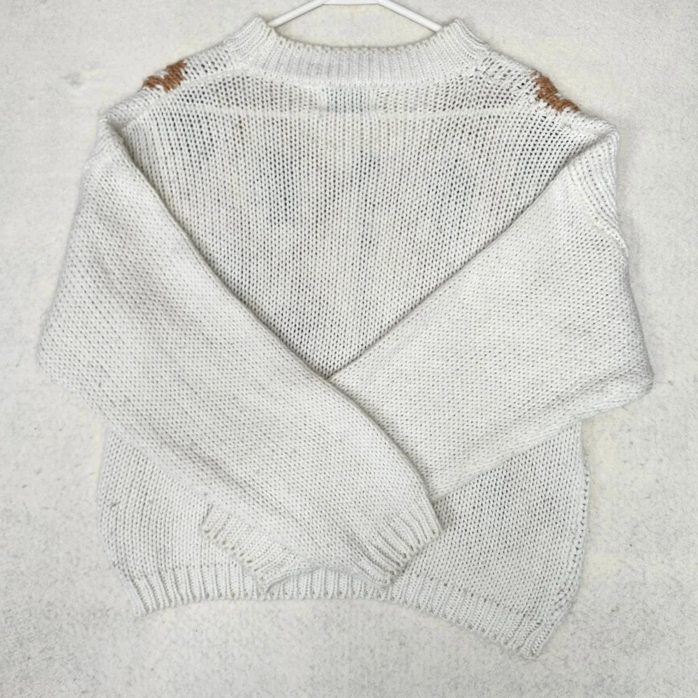 Vintage 80s Hand Knit Floral Sweater Cream Diamond Argyle 3D Flowers Large